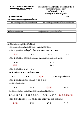 Đề kiểm tra định kì học kì I môn Toán lớp 1 - Năm học 2016-2017 - Trường Tiểu học Khánh Thượng